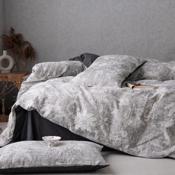 91家纺网 家纺一手货源 找家纺 安莱生活 2023新款双层纱基础蔷薇玫瑰系列四件套 蔷薇物语-深灰