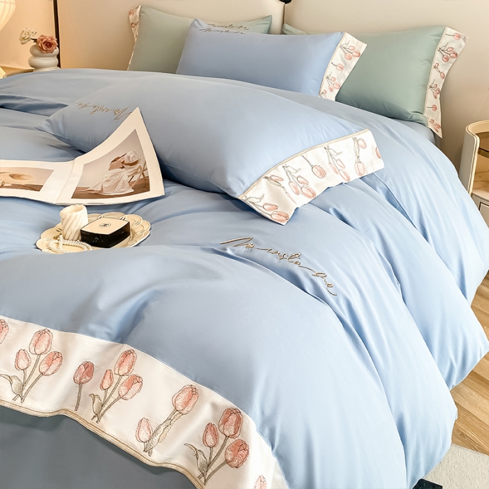 91家纺网 家纺一手货源 找家纺 理想家家纺 2023新款郁金香系列13372全棉刺绣四件套 郁金香-蓝