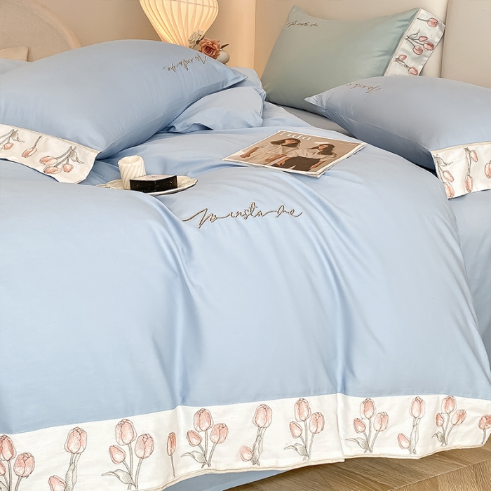 91家纺网 家纺一手货源 找家纺 理想家家纺 2023新款郁金香系列13372全棉刺绣四件套 郁金香-蓝