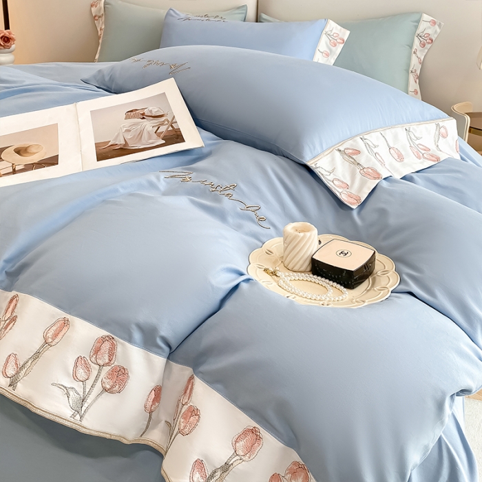 91家纺网 家纺一手货源 找家纺 理想家家纺 2023新款郁金香系列13372全棉刺绣四件套 郁金香-蓝