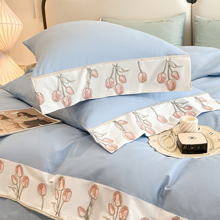 91家纺网 家纺一手货源 找家纺 理想家家纺 2023新款郁金香系列13372全棉刺绣四件套 郁金香-蓝