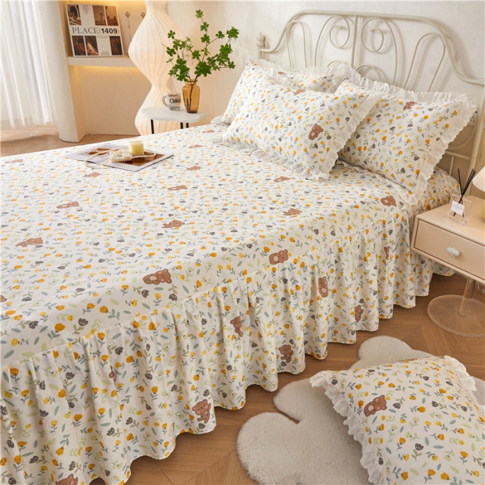 91家纺网 家纺一手货源 找家纺 十个点 2024新款小清新全棉单床裙 朵朵熊