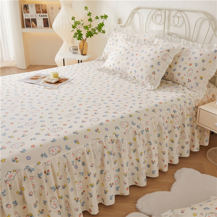 91家纺网 家纺一手货源 找家纺 十个点 2024新款小清新全棉单床裙 元气兔兔