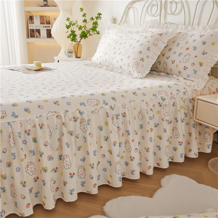 91家纺网 家纺一手货源 找家纺 十个点 2024新款小清新全棉单床裙 元气兔兔