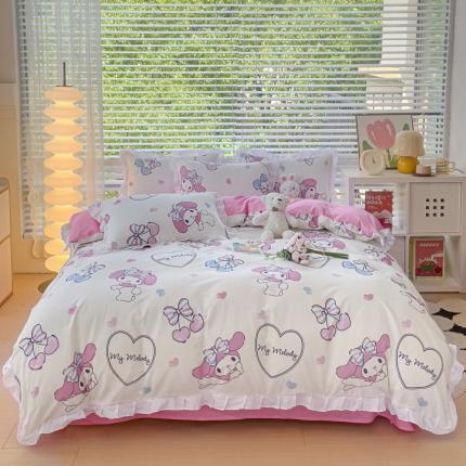 91家纺网 家纺一手货源 找家纺 桃子 2023新款三丽鸥正版授权韩版花边少女纯棉系列四件套 棉花边-蝴蝶美乐蒂