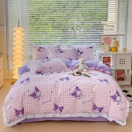 91家纺网 家纺一手货源 找家纺 桃子 2023新款三丽鸥正版授权韩版花边少女纯棉系列四件套 棉花边-紫格库洛米