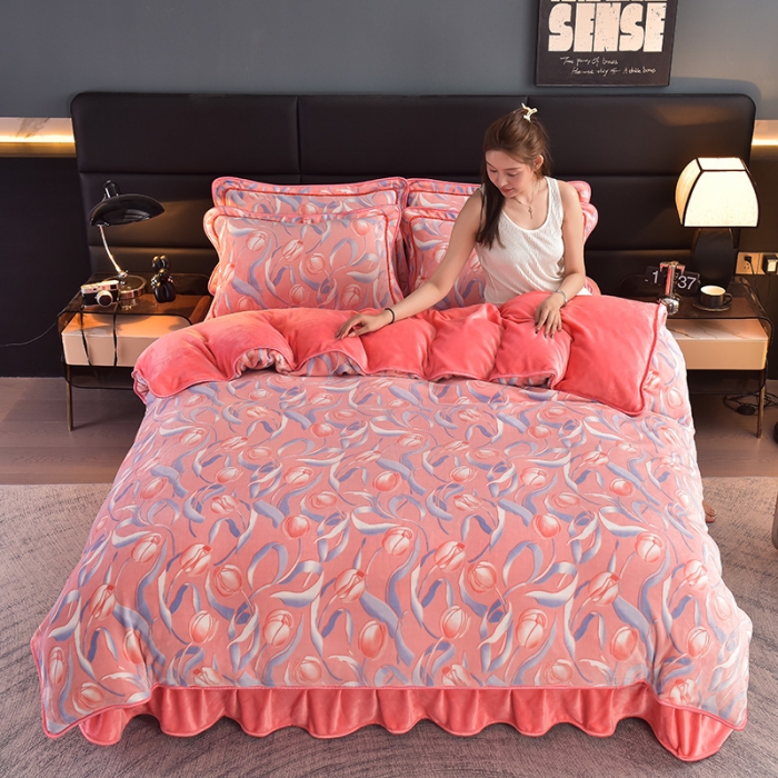 91家纺网 家纺一手货源 找家纺 芯诗曼2025新款8.5斤直播热款高克重牛奶绒法莱绒水晶金貂法莱绒四件套 郁金香