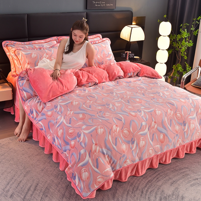 91家纺网 家纺一手货源 找家纺 芯诗曼2025新款8.5斤直播热款高克重牛奶绒法莱绒水晶金貂法莱绒四件套 郁金香