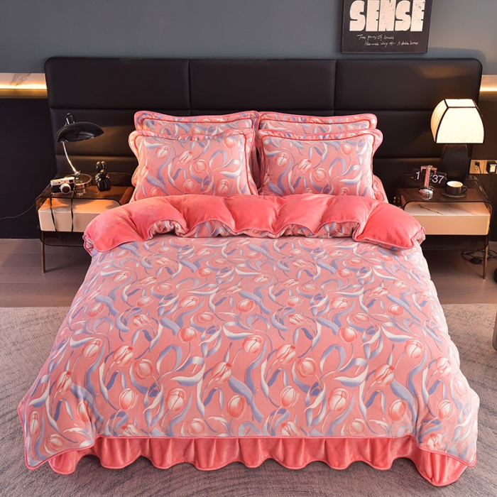 91家纺网 家纺一手货源 找家纺 芯诗曼2025新款8.5斤直播热款高克重牛奶绒法莱绒水晶金貂法莱绒四件套 郁金香