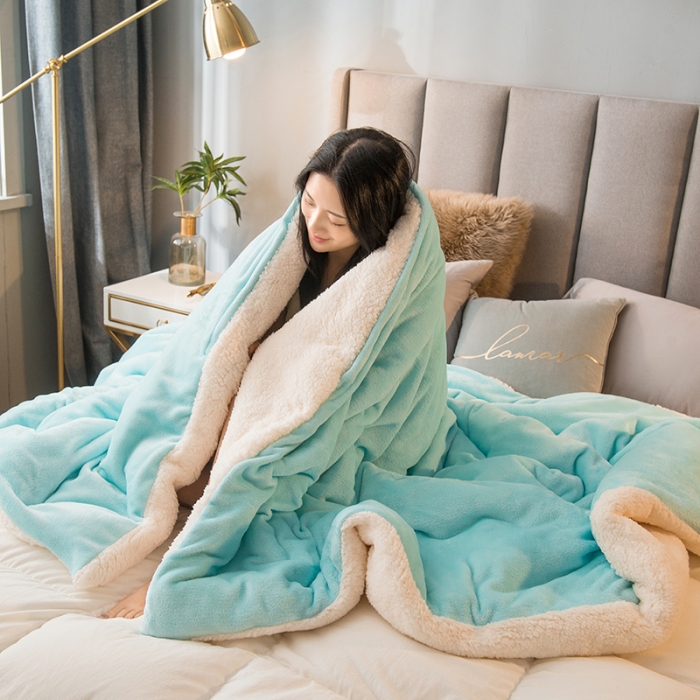 91家纺网 家纺一手货源 找家纺 简爱 2025新款法莱绒羊羔绒多功能被套毯 湖蓝