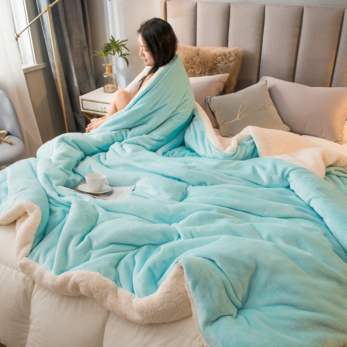 91家纺网 家纺一手货源 找家纺 简爱 2025新款法莱绒羊羔绒多功能被套毯 湖蓝