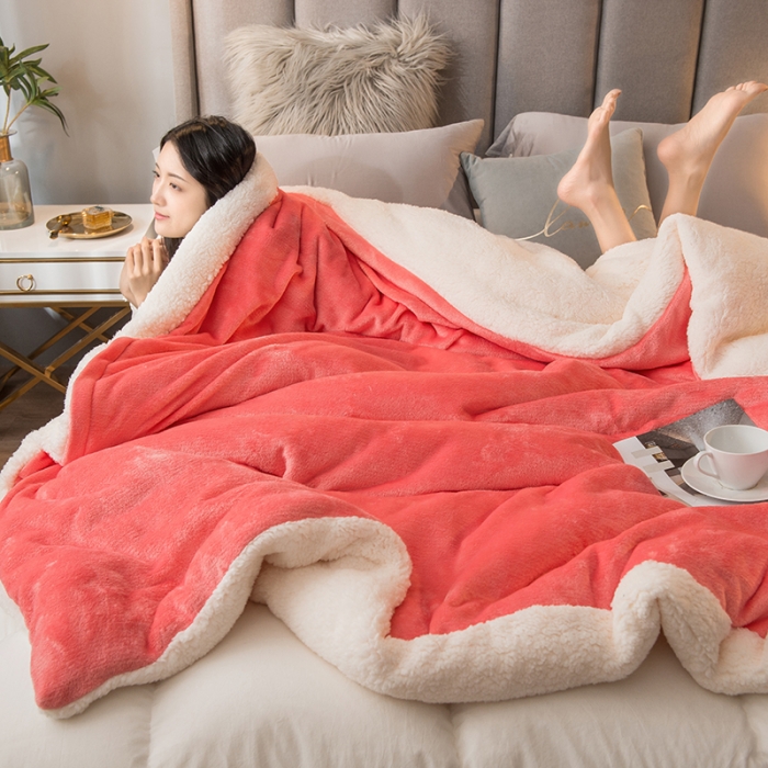 91家纺网 家纺一手货源 找家纺 简爱 2025新款法莱绒羊羔绒多功能被套毯 夕阳红