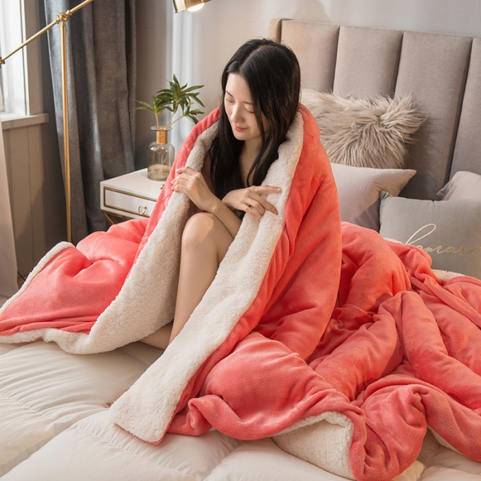 91家纺网 家纺一手货源 找家纺 简爱 2025新款法莱绒羊羔绒多功能被套毯 夕阳红