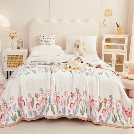 91家纺网 家纺一手货源 找家纺 肖恩毯业 2025新款印花雪貂绒毛毯沙发盖毯午睡毯子 花丛小兔