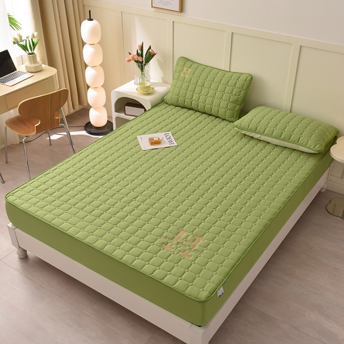 91家纺网 家纺一手货源 找家纺 富威堡家纺 2023新款原棉H标刺绣棉花床笠 刺绣-绿