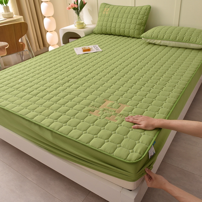 91家纺网 家纺一手货源 找家纺 富威堡家纺 2023新款原棉H标刺绣棉花床笠 刺绣-绿