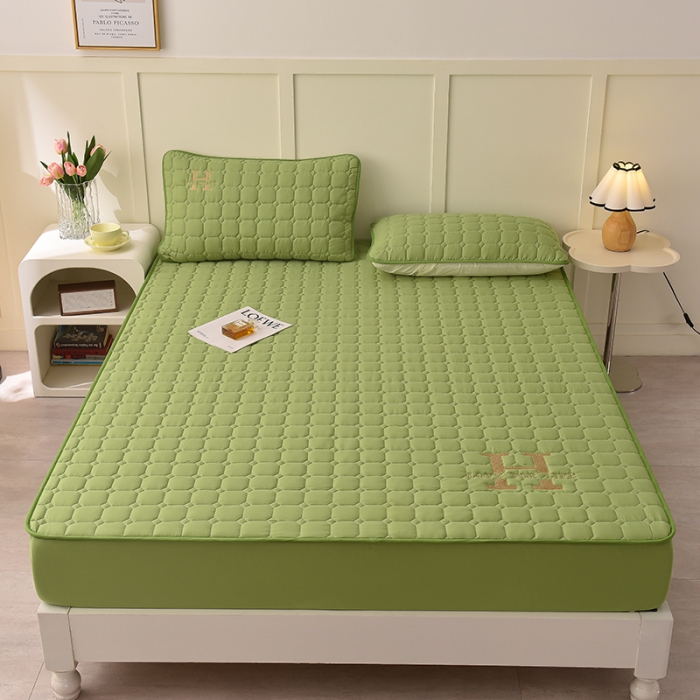 91家纺网 家纺一手货源 找家纺 富威堡家纺 2023新款原棉H标刺绣棉花床笠 刺绣-绿