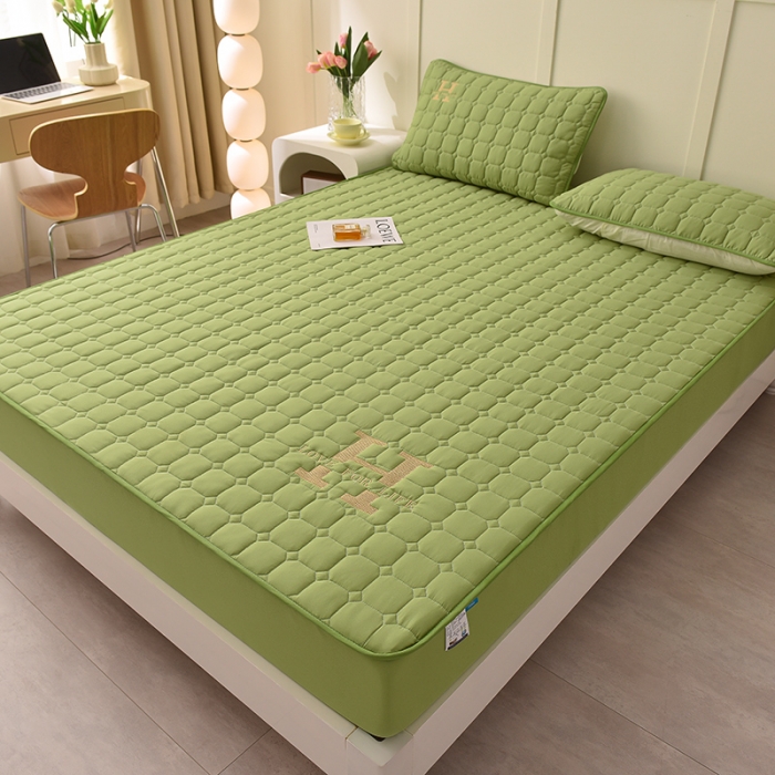 91家纺网 家纺一手货源 找家纺 富威堡家纺 2023新款原棉H标刺绣棉花床笠 刺绣-绿