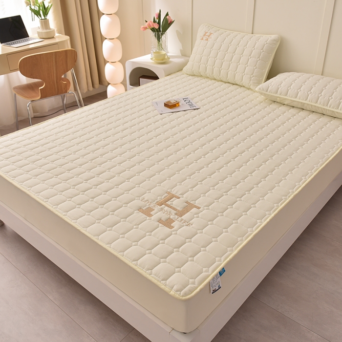 91家纺网 家纺一手货源 找家纺 富威堡家纺 2023新款原棉H标刺绣棉花床笠 刺绣-米白