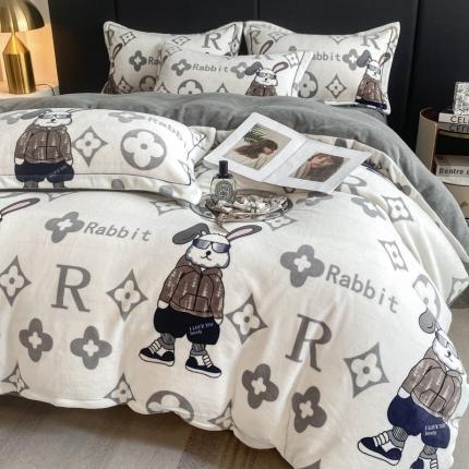 91家纺网 家纺一手货源 找家纺 花漾 2024新款欧式轻奢压线牛奶绒四件套 公仔兔