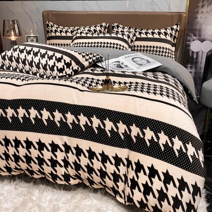 91家纺网 家纺一手货源 找家纺 花漾 2024新款欧式轻奢压线牛奶绒四件套 千鸟条纹