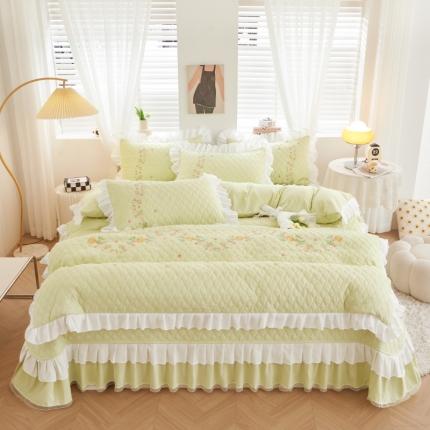 91家纺网 家纺一手货源 找家纺 宜凡 2023新款A类云柔棉床盖夹棉四件套 淡奶绿