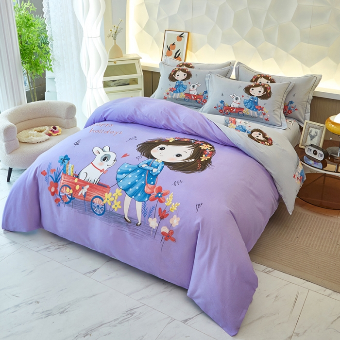 91家纺网 家纺一手货源 找家纺 雲归梦 2023年新款加厚全棉生态磨毛大版四件套 欢乐一夏紫