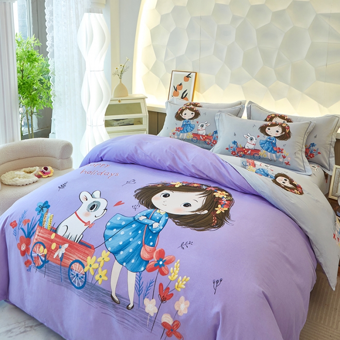 91家纺网 家纺一手货源 找家纺 雲归梦 2023年新款加厚全棉生态磨毛大版四件套 欢乐一夏紫