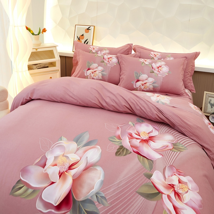 91家纺网 家纺一手货源 找家纺 雲归梦 2023年新款加厚全棉生态磨毛大版四件套 酒醉探戈粉