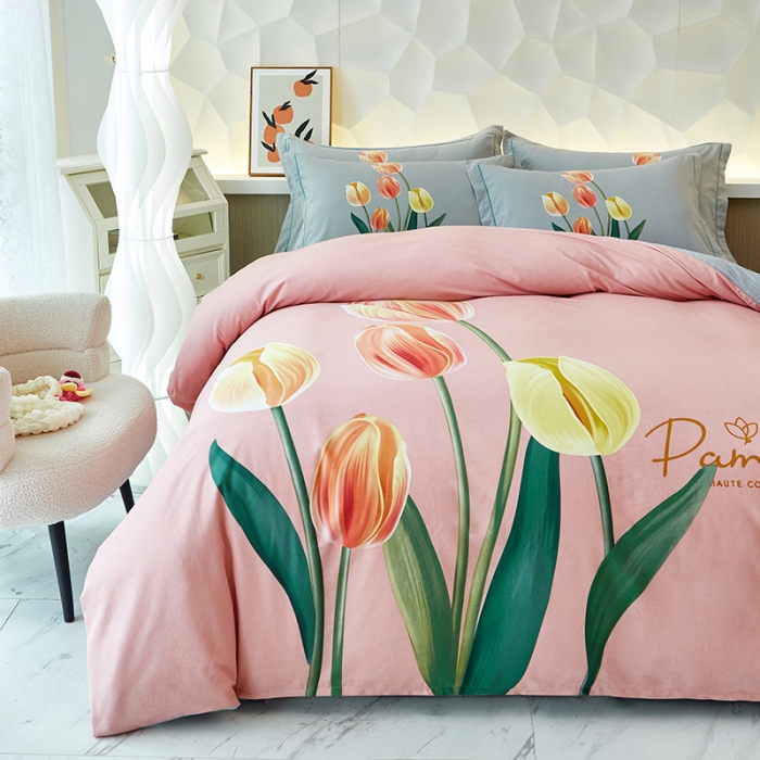 91家纺网 家纺一手货源 找家纺 雲归梦 2023年新款加厚全棉生态磨毛大版四件套 轻吟花语粉