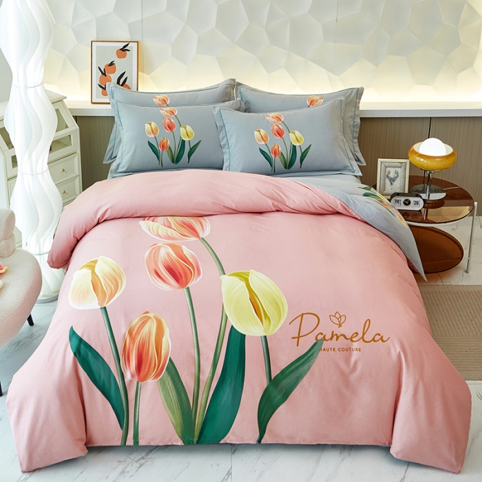 91家纺网 家纺一手货源 找家纺 雲归梦 2023年新款加厚全棉生态磨毛大版四件套 轻吟花语粉