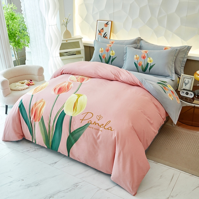 91家纺网 家纺一手货源 找家纺 雲归梦 2023年新款加厚全棉生态磨毛大版四件套 轻吟花语粉