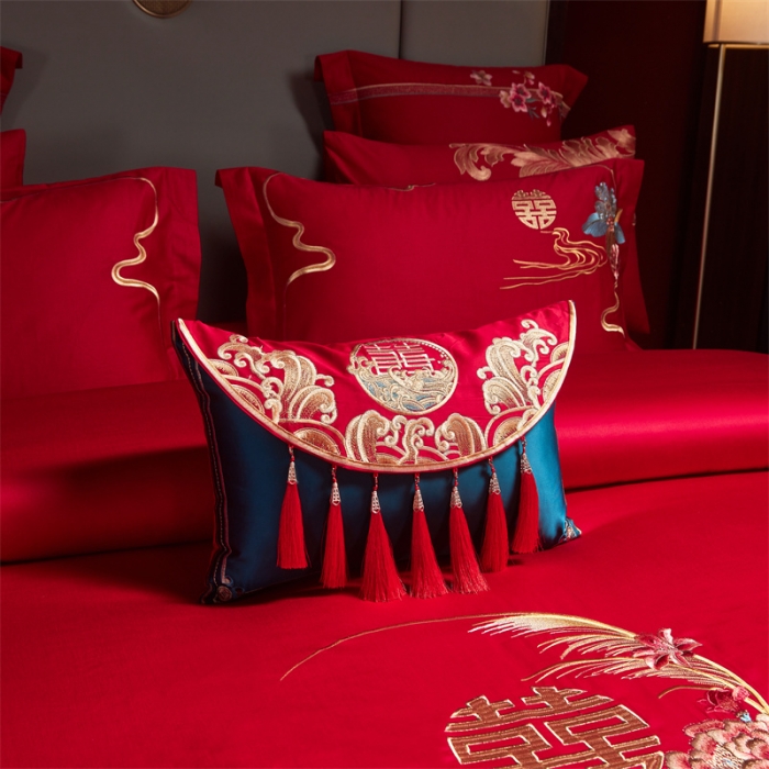 91家纺网 家纺一手货源 找家纺 红番天 2023新款全棉刺绣婚庆四件套六件套多件套 天作之合