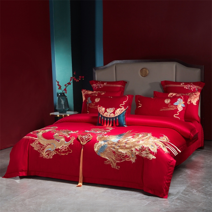 91家纺网 家纺一手货源 找家纺 红番天 2023新款全棉刺绣婚庆四件套六件套多件套 天作之合