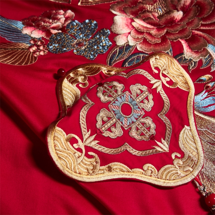 91家纺网 家纺一手货源 找家纺 红番天 2023新款全棉刺绣婚庆四件套六件套多件套 天作之合