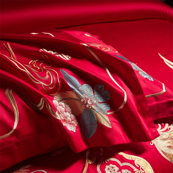 91家纺网 家纺一手货源 找家纺 红番天 2023新款全棉刺绣婚庆四件套六件套多件套 天作之合