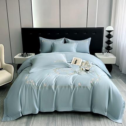 91家纺网 家纺一手货源 找家纺 2023秘密花园系列轻奢小香风纯棉刺绣长绒棉四件套 秘密花园-梵星蓝