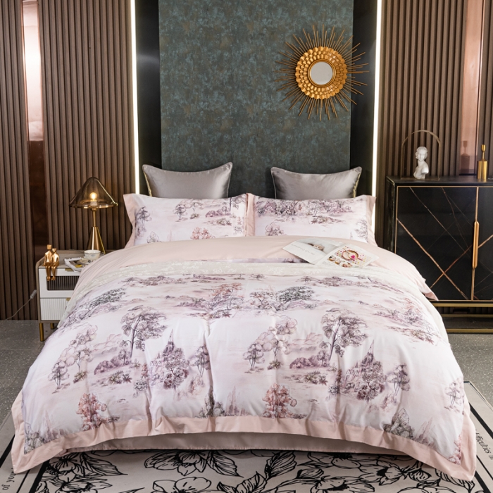 91家纺网 家纺一手货源 找家纺 氧家 2025新款100支全棉数码印花四件套 爱普森粉