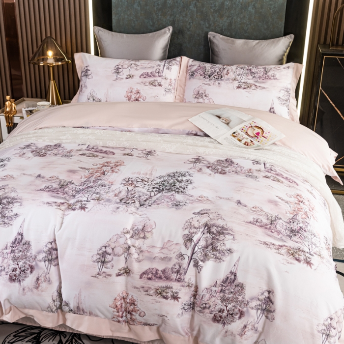 91家纺网 家纺一手货源 找家纺 氧家 2025新款100支全棉数码印花四件套 爱普森粉