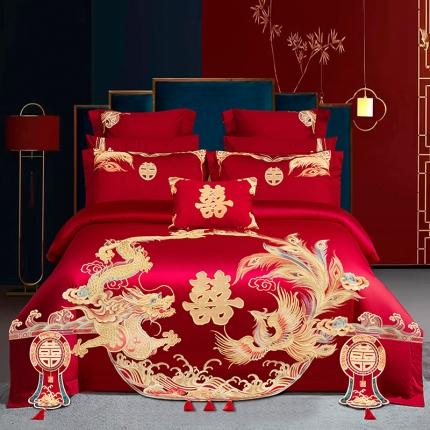 91家纺网 家纺一手货源 找家纺 柏拉图 2023新款100s贡缎长绒棉婚庆四件套多件套龙凤情缘