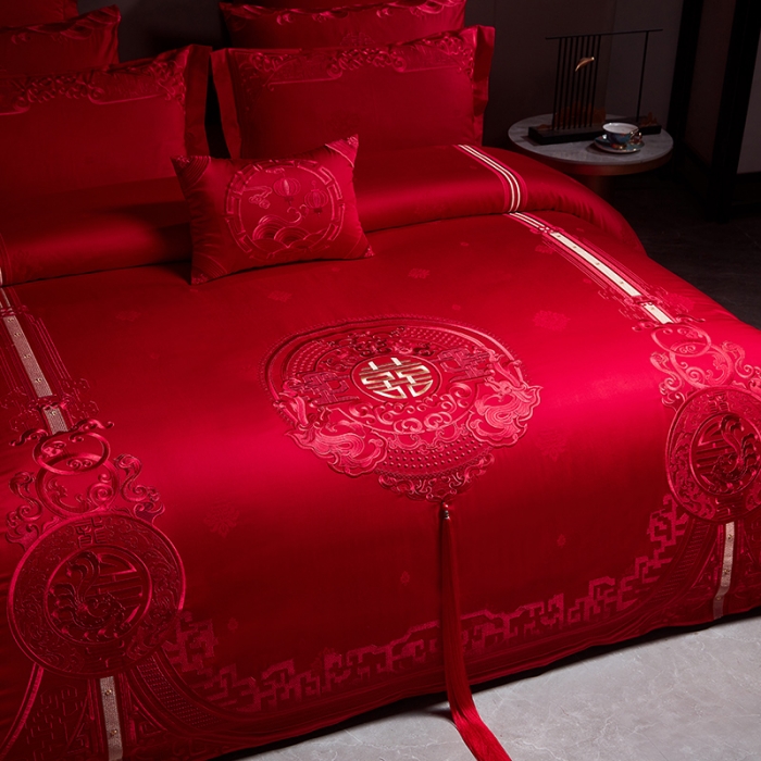 91家纺网 家纺一手货源 找家纺 宏羽纺 2023新款高支高密全棉贡缎提花婚庆套件 全棉风光大嫁-红