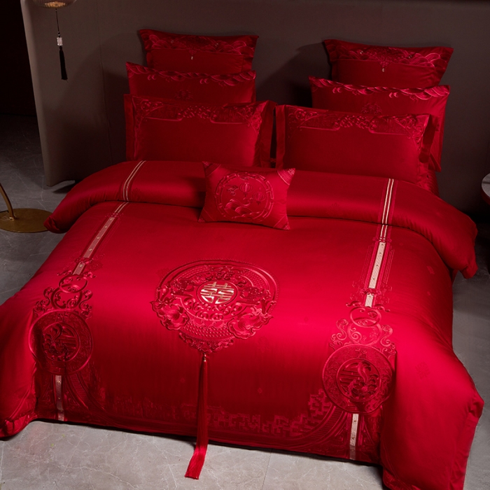 91家纺网 家纺一手货源 找家纺 宏羽纺 2023新款高支高密全棉贡缎提花婚庆套件 全棉风光大嫁-红