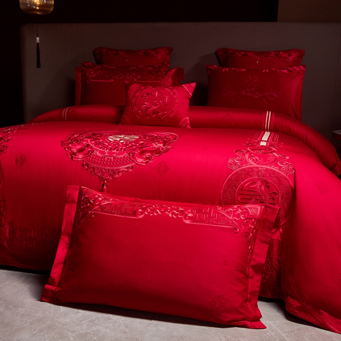 91家纺网 家纺一手货源 找家纺 宏羽纺 2023新款高支高密全棉贡缎提花婚庆套件 全棉风光大嫁-红