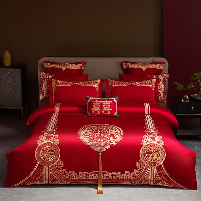 91家纺网 家纺一手货源 找家纺 宏羽纺 2023新款高支高密全棉贡缎提花婚庆套件 全棉风光大嫁-金