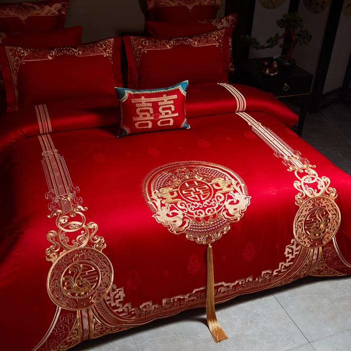 91家纺网 家纺一手货源 找家纺 宏羽纺 2023新款高支高密全棉贡缎提花婚庆套件 全棉风光大嫁-金