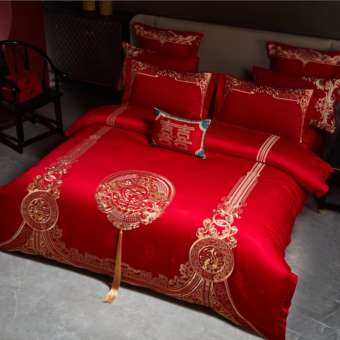 91家纺网 家纺一手货源 找家纺 宏羽纺 2023新款高支高密全棉贡缎提花婚庆套件 全棉风光大嫁-金