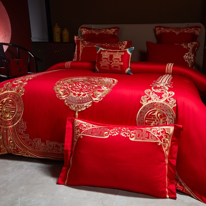 91家纺网 家纺一手货源 找家纺 宏羽纺 2023新款高支高密全棉贡缎提花婚庆套件 全棉风光大嫁-金