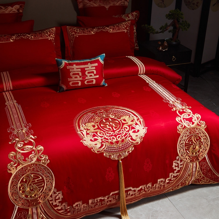 91家纺网 家纺一手货源 找家纺 宏羽纺 2023新款高支高密全棉贡缎提花婚庆套件 全棉风光大嫁-金