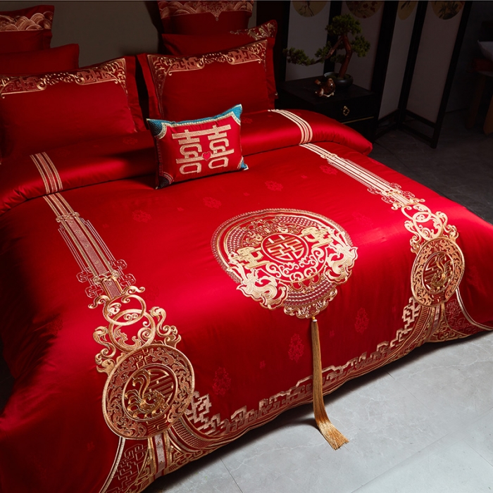 91家纺网 家纺一手货源 找家纺 宏羽纺 2023新款高支高密全棉贡缎提花婚庆套件 全棉风光大嫁-金