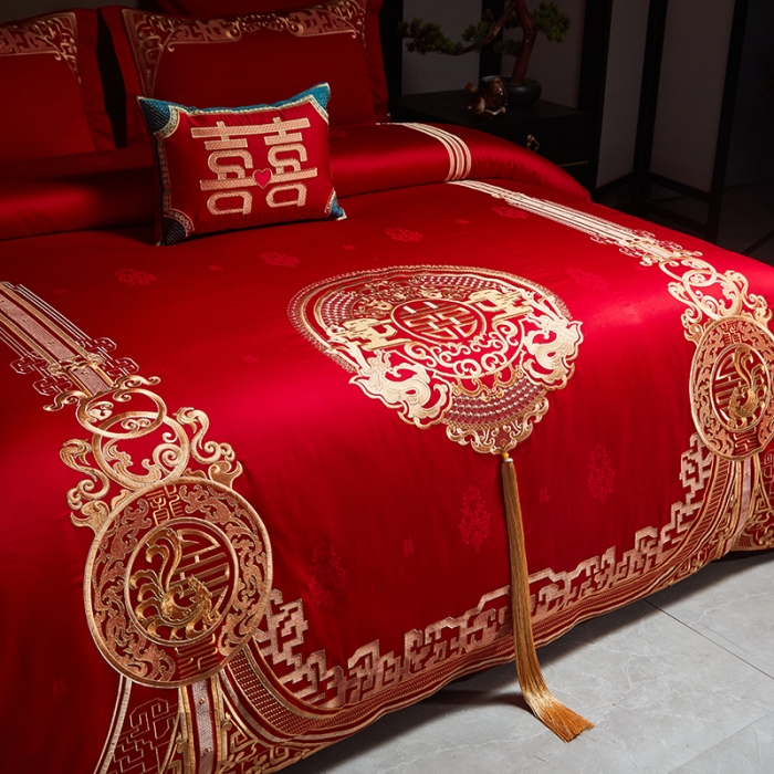 91家纺网 家纺一手货源 找家纺 宏羽纺 2023新款高支高密全棉贡缎提花婚庆套件 全棉风光大嫁-金